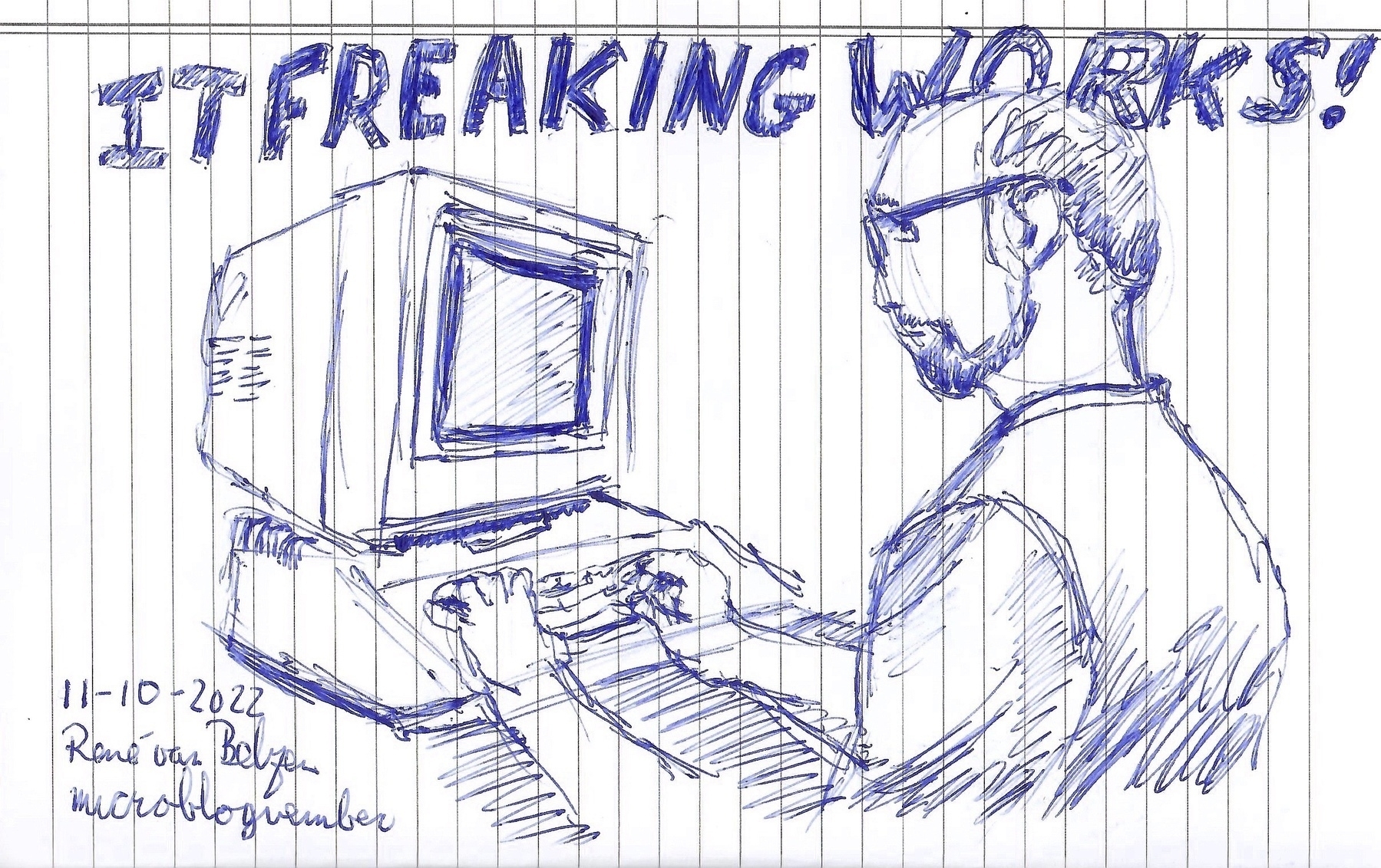 ballpoint sketch of man sitting in front of an Apple II computer with CRT display on top of it