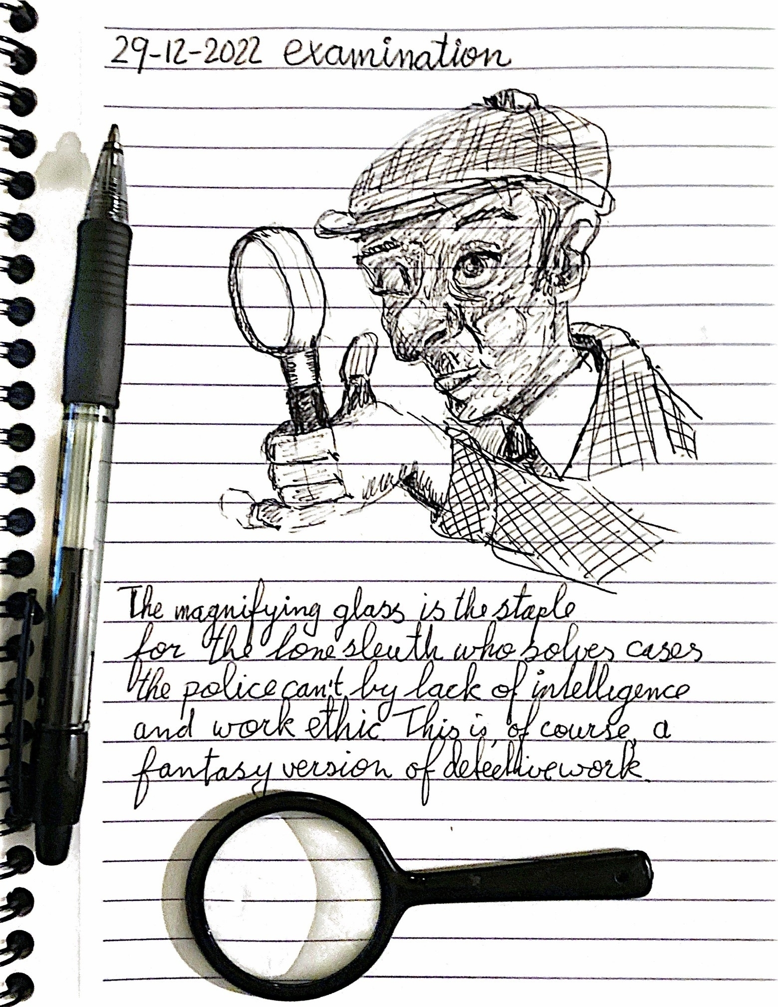 ballpoint sketch of a sleuth holding a magnifying glass