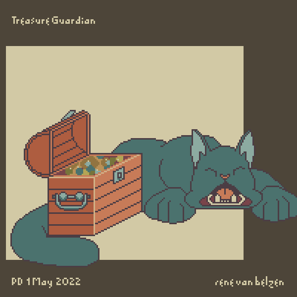 pixel art cat sleeping around treasure chest