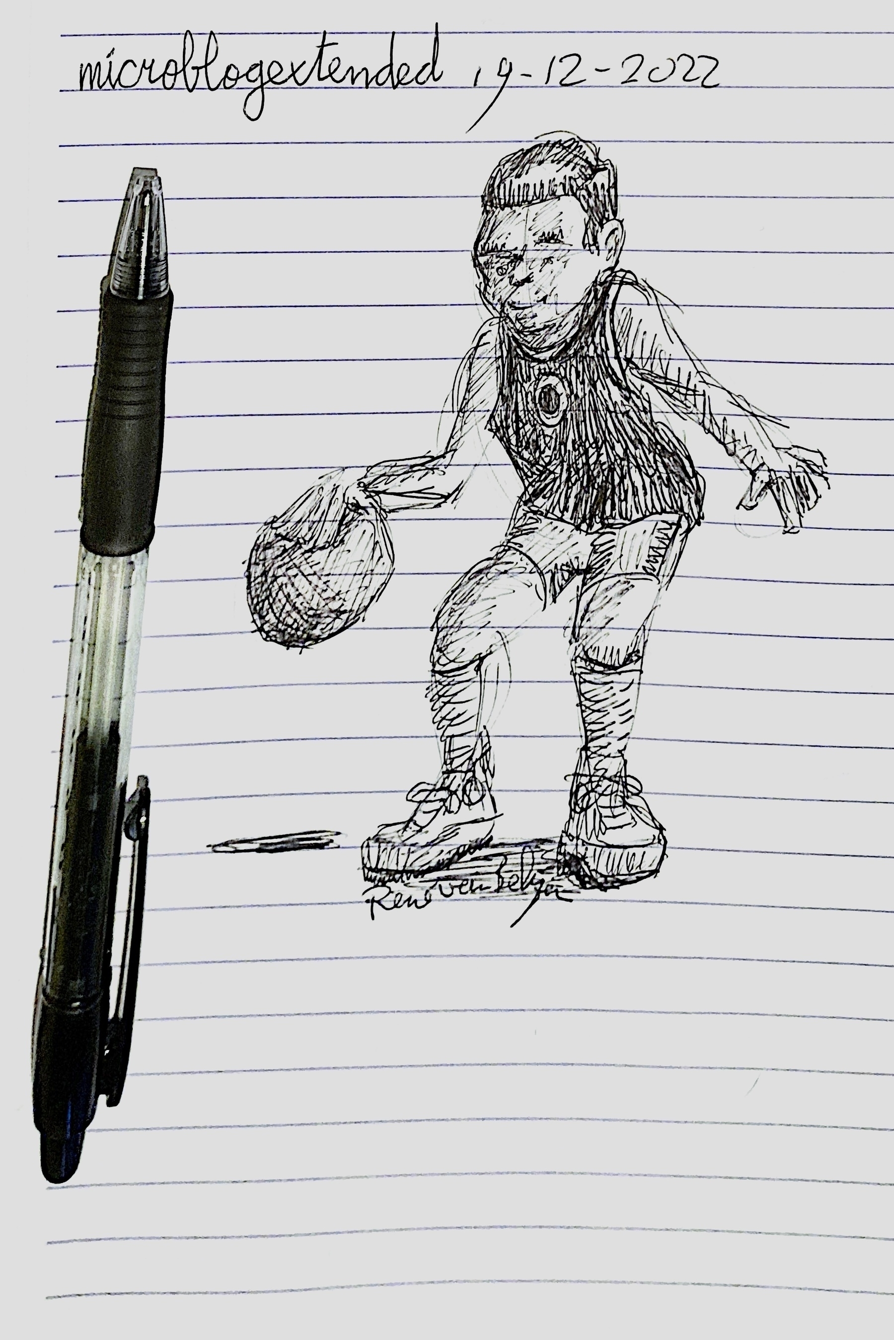 ballpoint sketch of dribbling basketball player