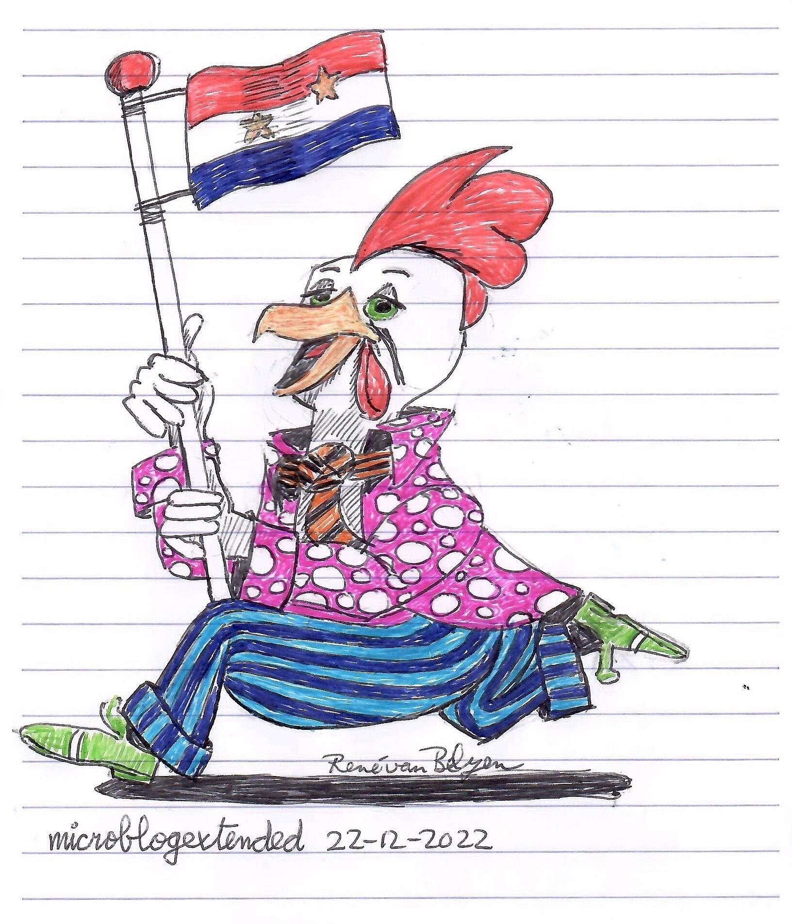 colored ballpoint pen cartoon of a nationalist anthropomorphic male chicken running with flag