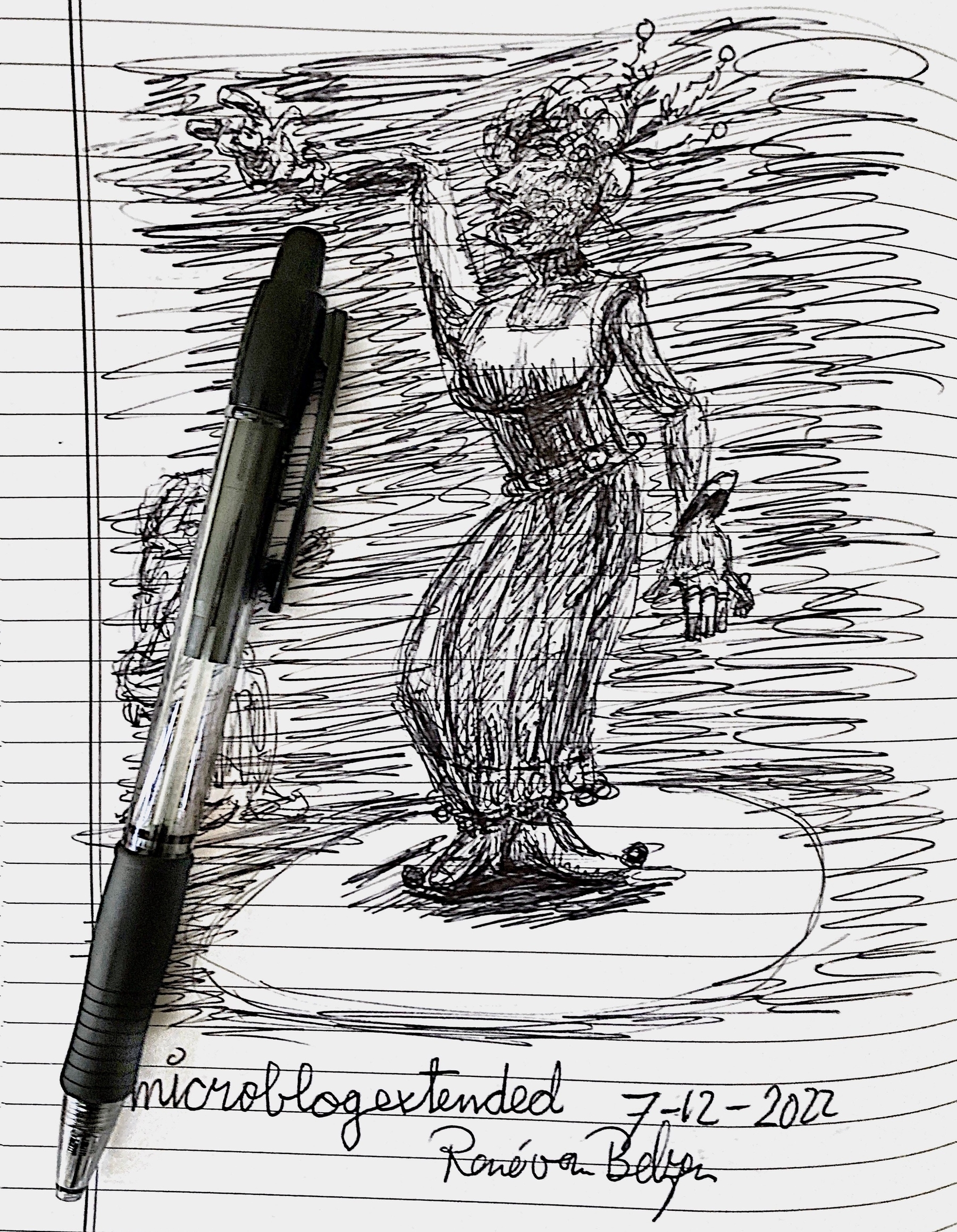 ballpoint pen sketch of female performer in limelight