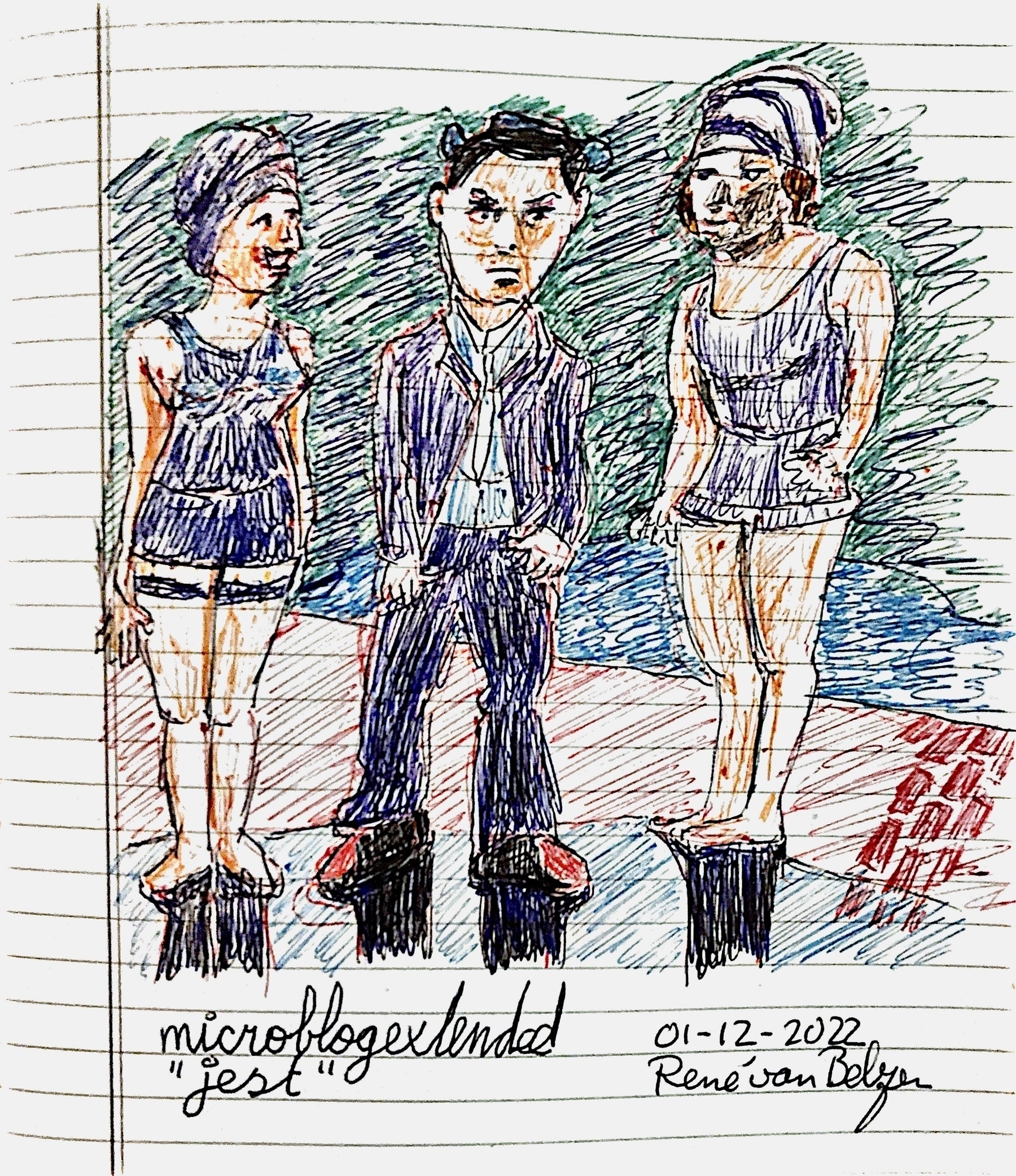 colored ballpoint sketch of a stonefaced Buster Keaton surrounded by bathing beauties