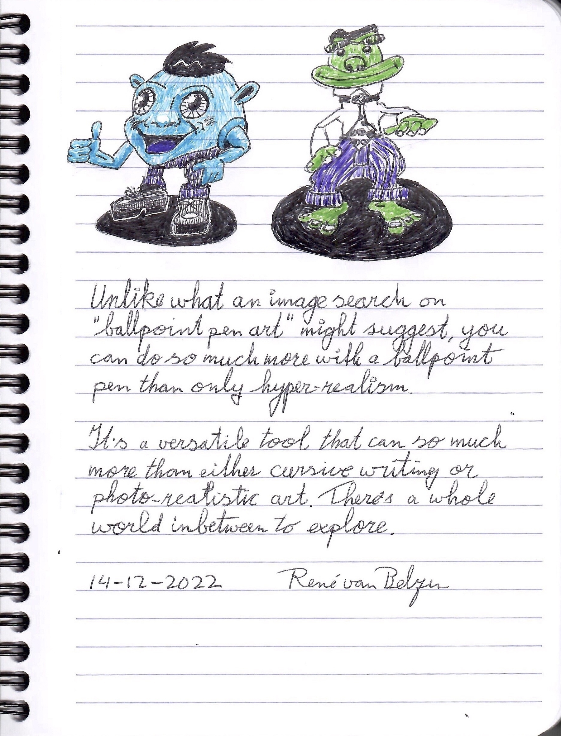notebook page with two colored ballpoint ink doodles and some remarks about ballpoint pen art