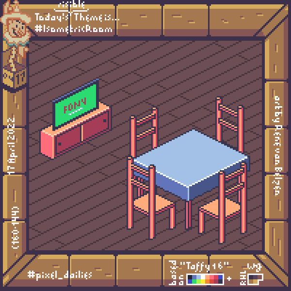 Pixel art table, chairs and TV set in isometric perspective
