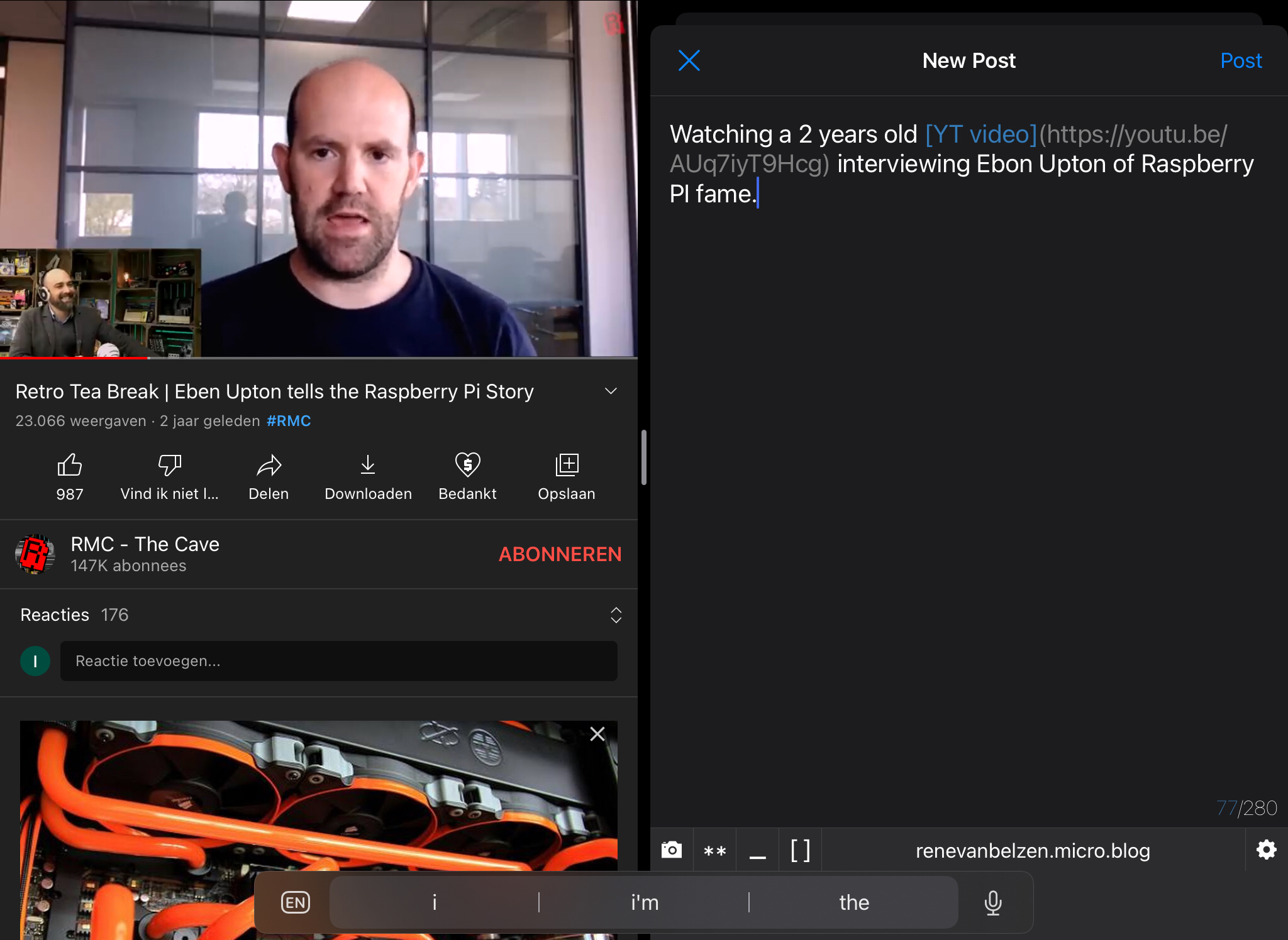 iPad screenshot with YouTube video on the left and micro∙blog New Post at the left