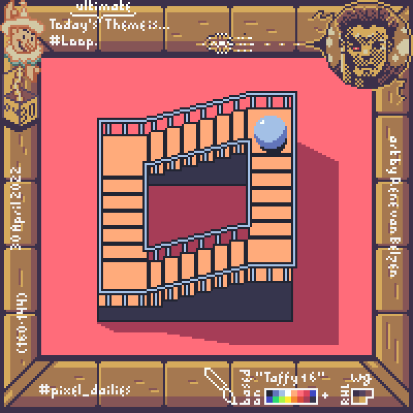 pixel art ball rolling round and round on an infinite staircase.