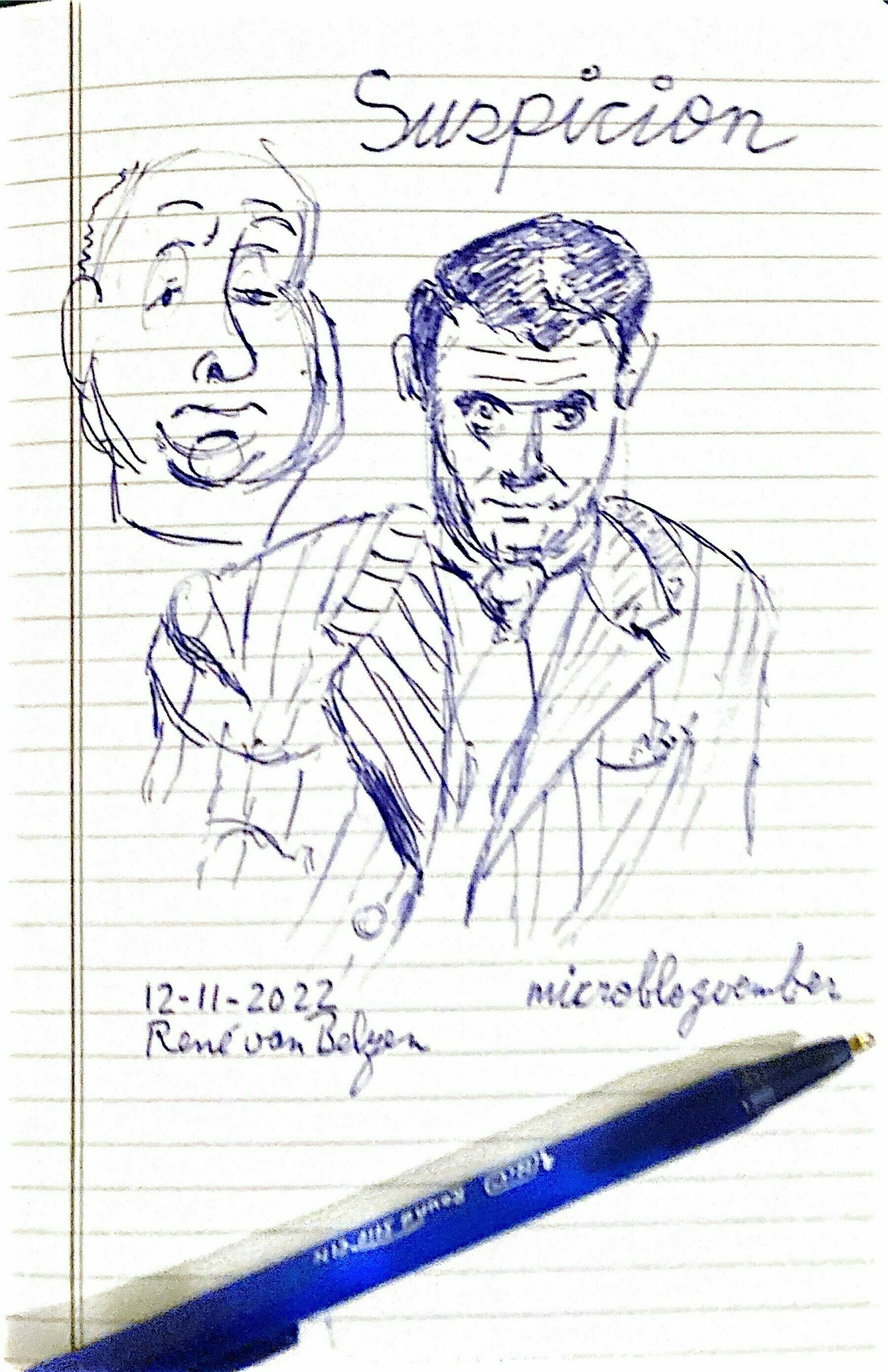 ballpoint sketch of initial scene with Gary Grant, with Alfred Hitchcock in the background