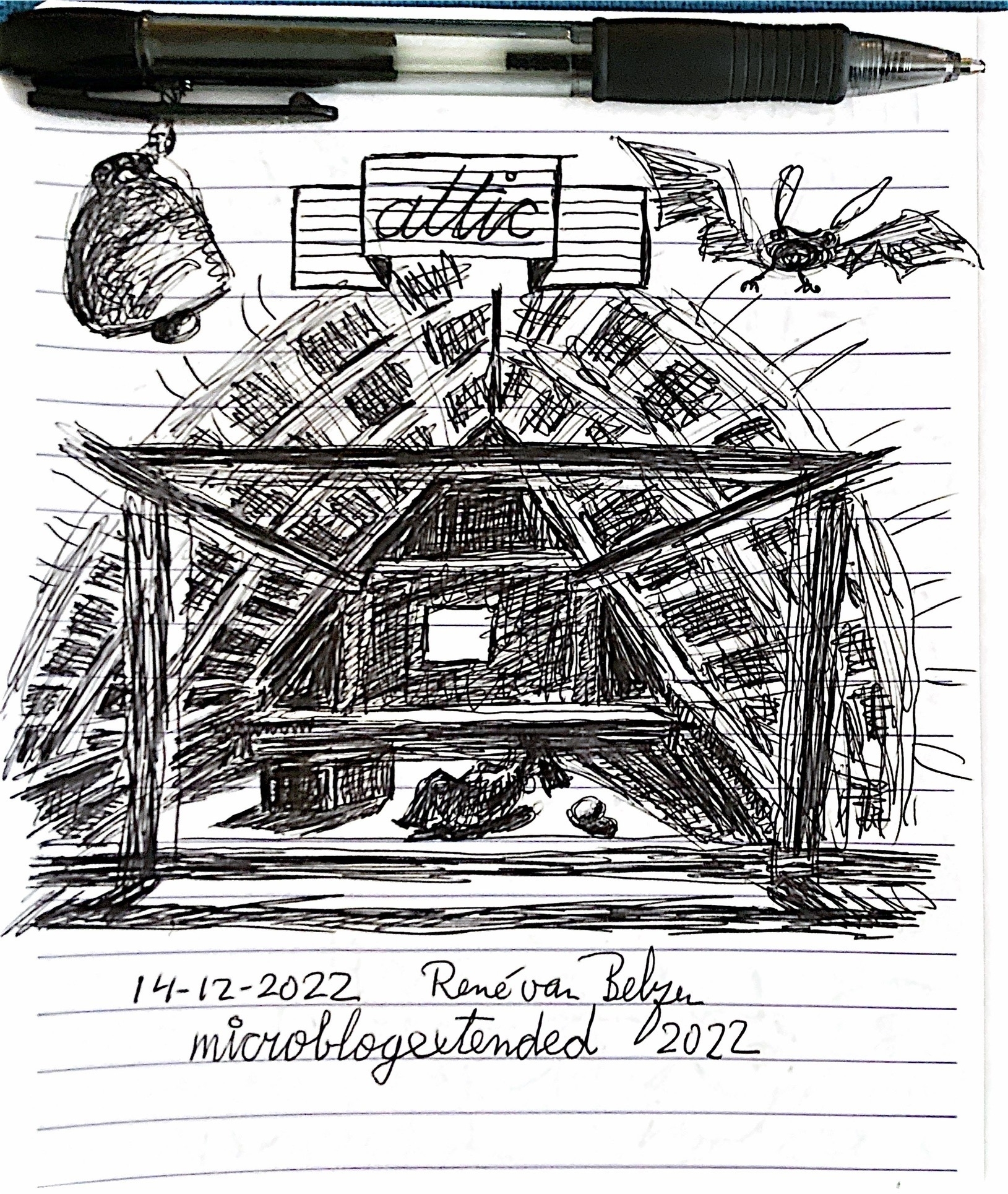 ballpoint pen sketch of an attic
