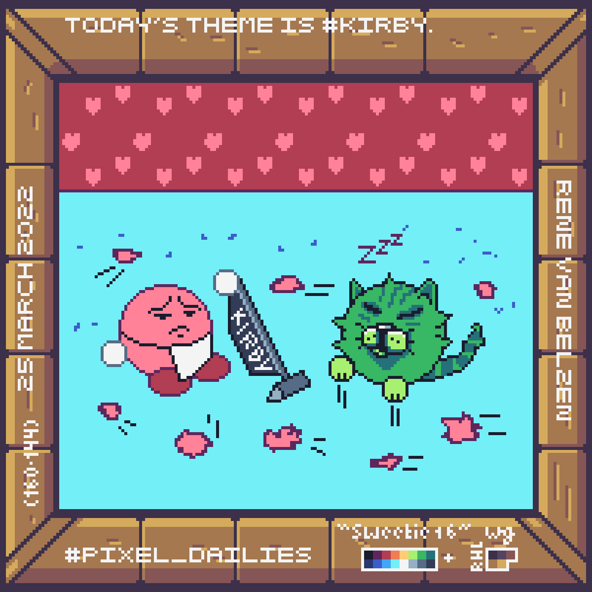 pixel art animation of a cranky Kirby, vacuuming the mess made by a cat