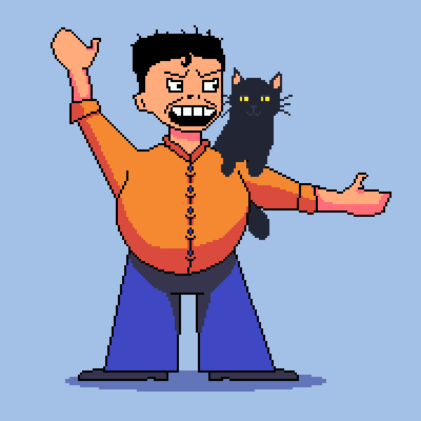colored pixel art animation of man with cat on his shoulder alternating frowning and laughing