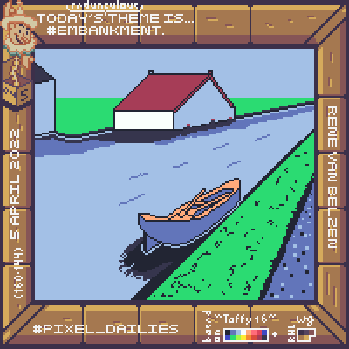 pixel art with a house along and rowboat in a waterway with on both sides the shallow embankments