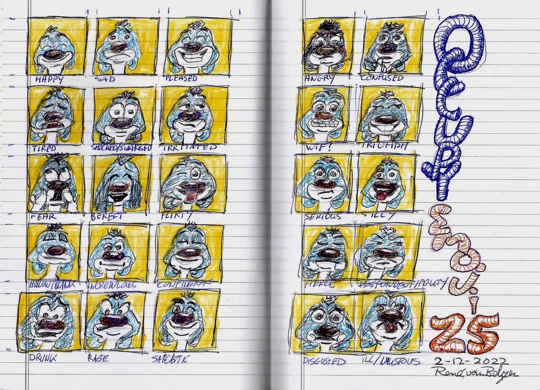 colored pen and pencil sketch of 25 emotions of Timon
