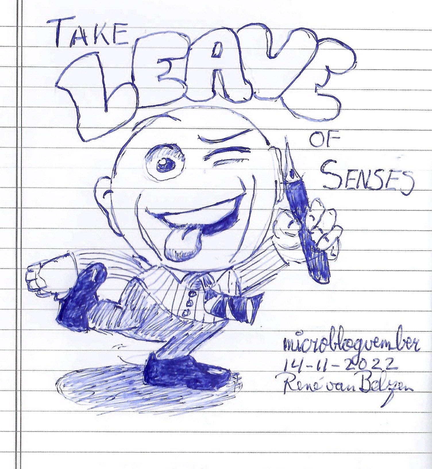 ballpoint sketch of a cartoon figure doing silly with a fountain pen in its hand