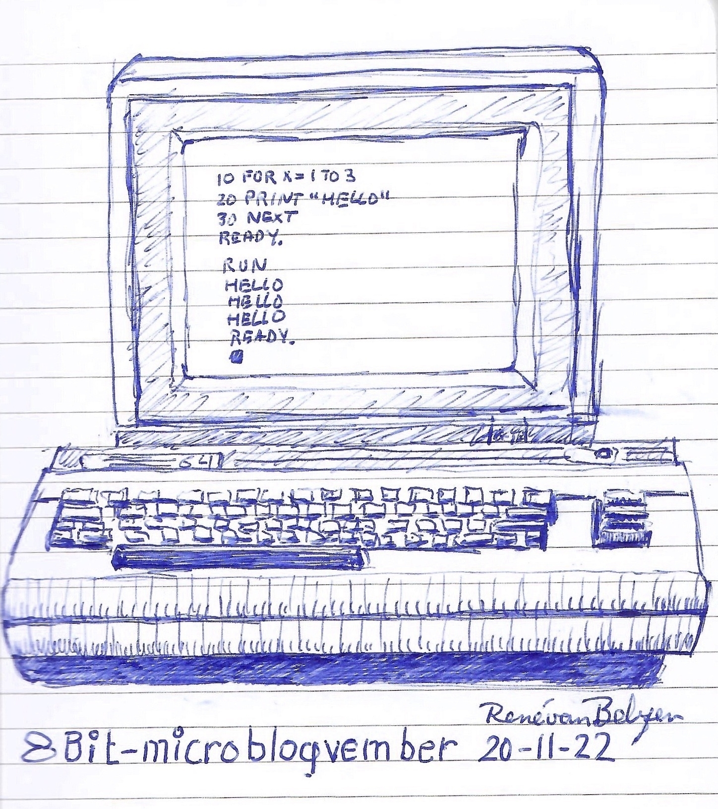 ballpoint sketch of Commodore 64 computer and monitor, displaying basic program and its output from a for-next loop