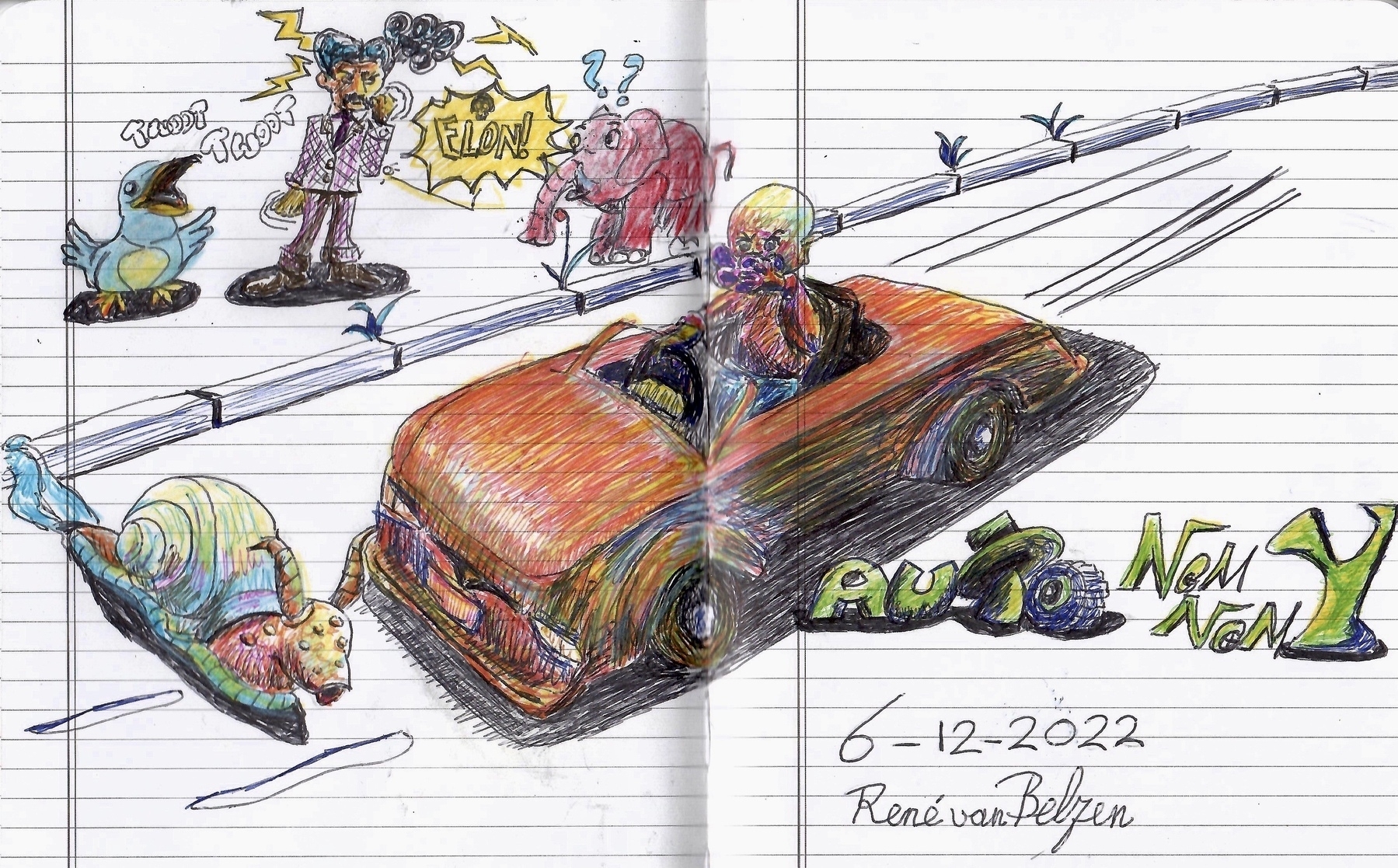 colored sketch illustrating the concept of Auto-NomNom-Y, using Tesla, the car and the person.