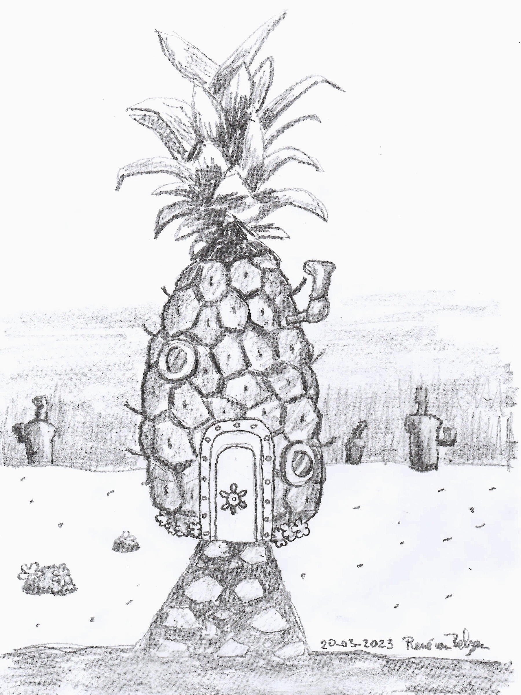 pencil sketch of a pineapple under the sea