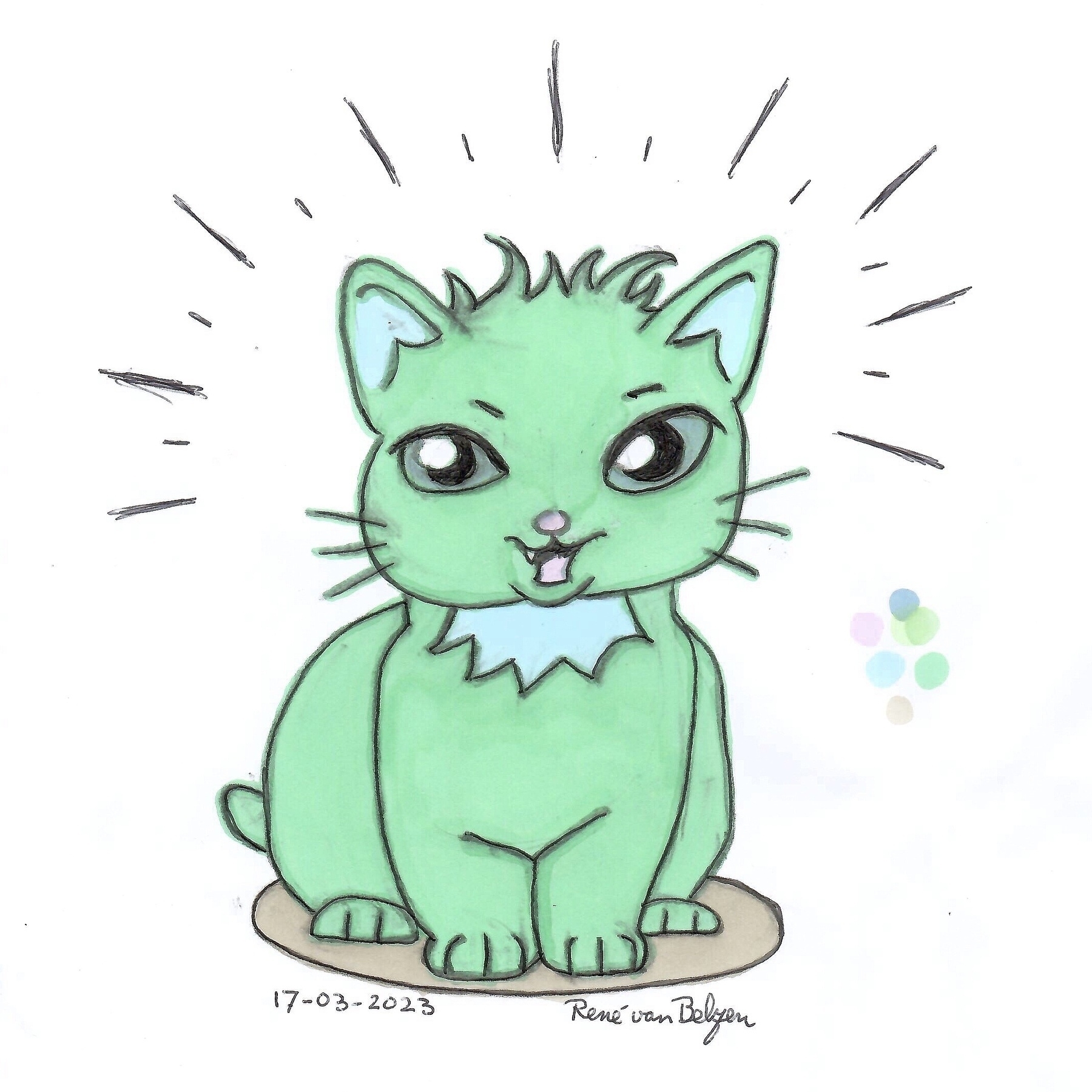 colored ballpoint pen cartoon of a green cat