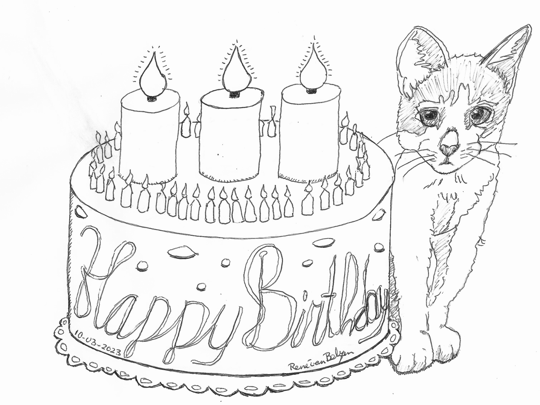 ballpoint pen drawing of birthday cake and kitten