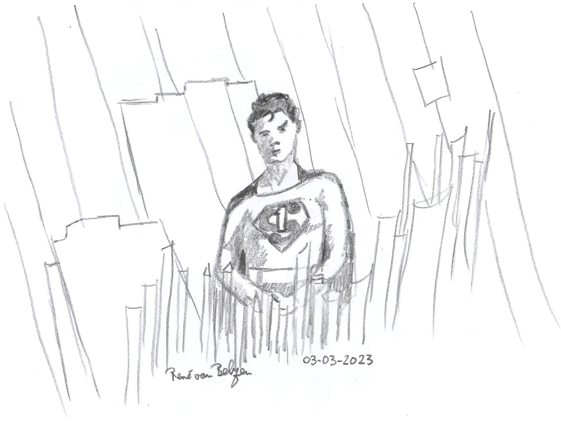 My contribution for the micro.blog challenge for March 3, solitude. It is a photo of a pencil-on-paper drawing of the concept solitude. This superdude is all on his own, figuring stuff out with his alien crystal and so. It is like february 14 all over (Singles Awareness Day) #mbmar