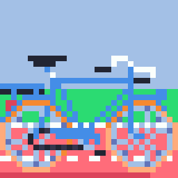 32 by 32 pixel art of Dutch bike on red asphalt in the Dutch countryside, without rider