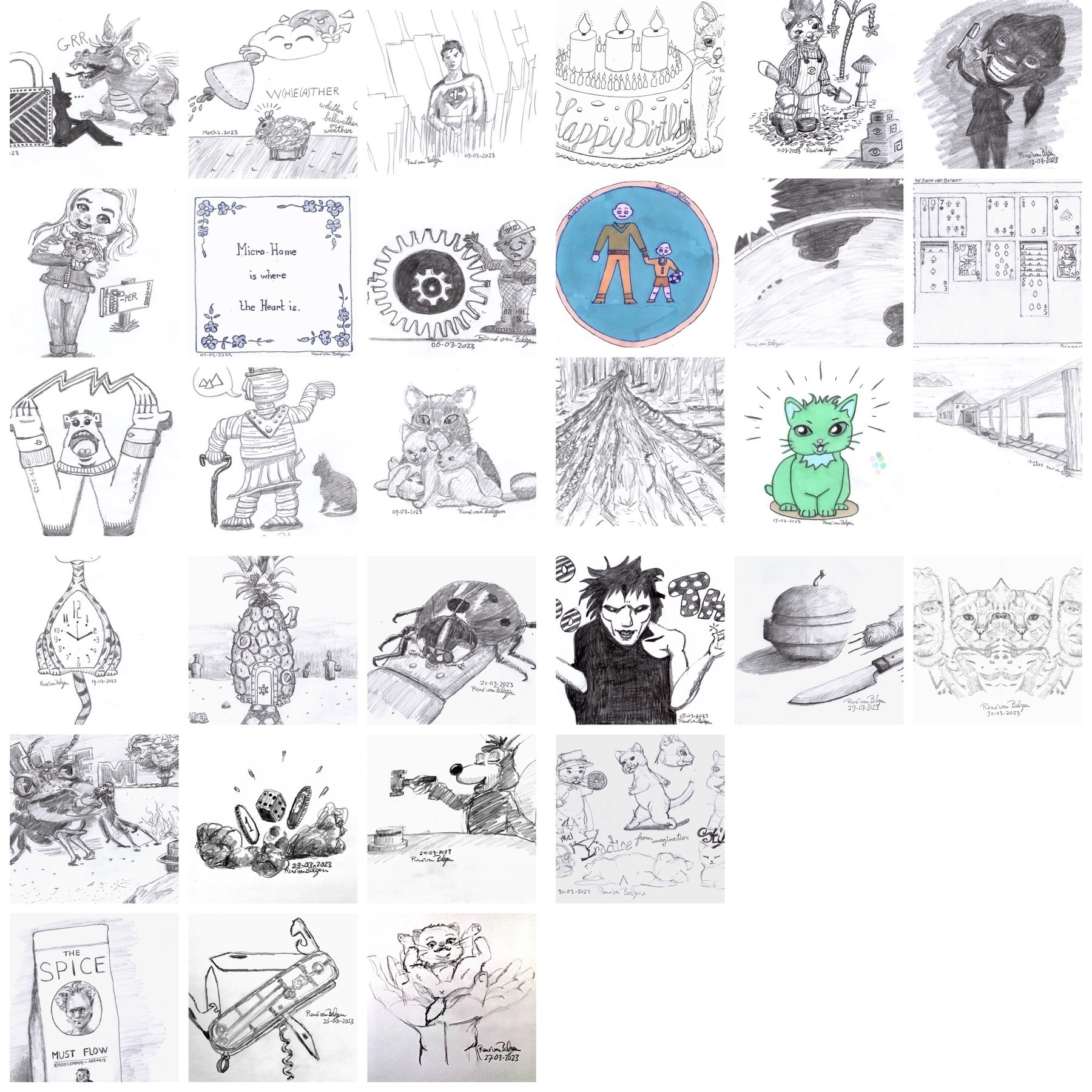 photo grid of 31 pencil sketches for March of 2023
