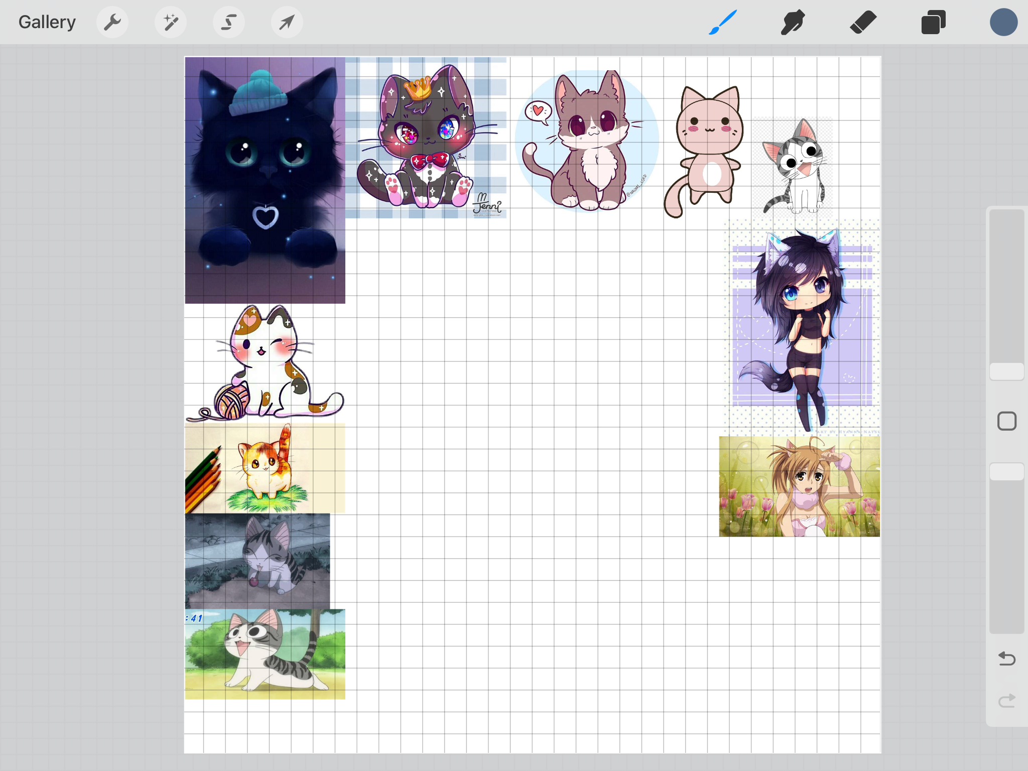 screenshot of procreate on iPad showing a canvas filled with reference illustrations of cute cats and cat girls