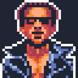 32 by 32 pixel art of the Terminator flesh robot from the movie on a black background with white rim lighting