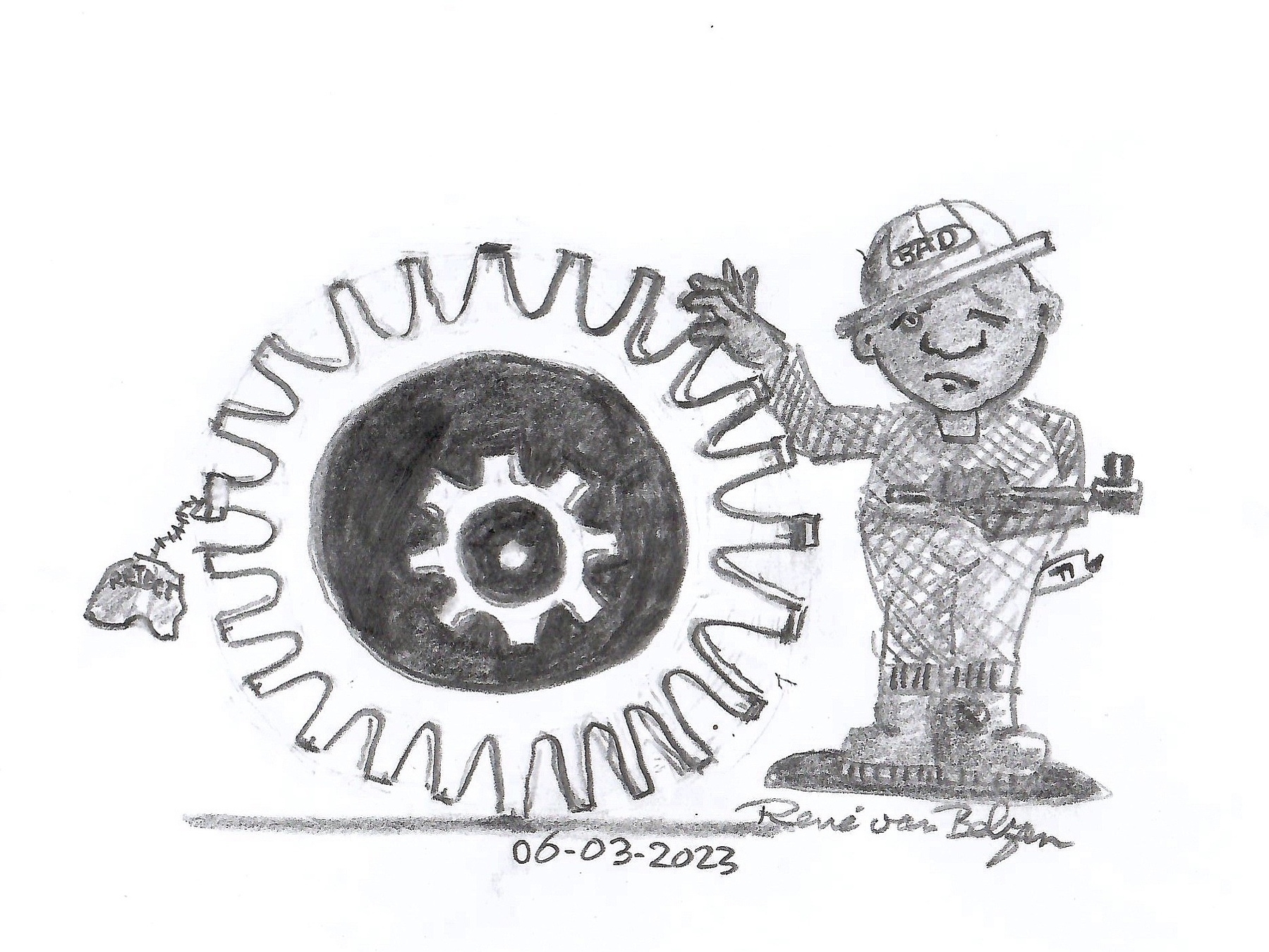 pencil drawing of a failed engineer showing a badly shaped gearwheel