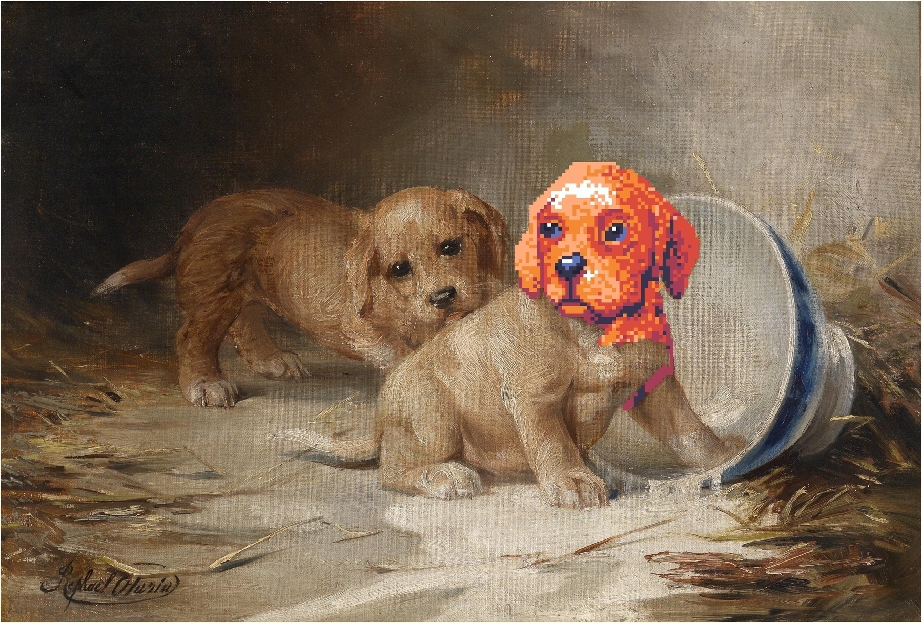 19th century portrait of two mischievous puppies, partially covered by 21th century pixel art