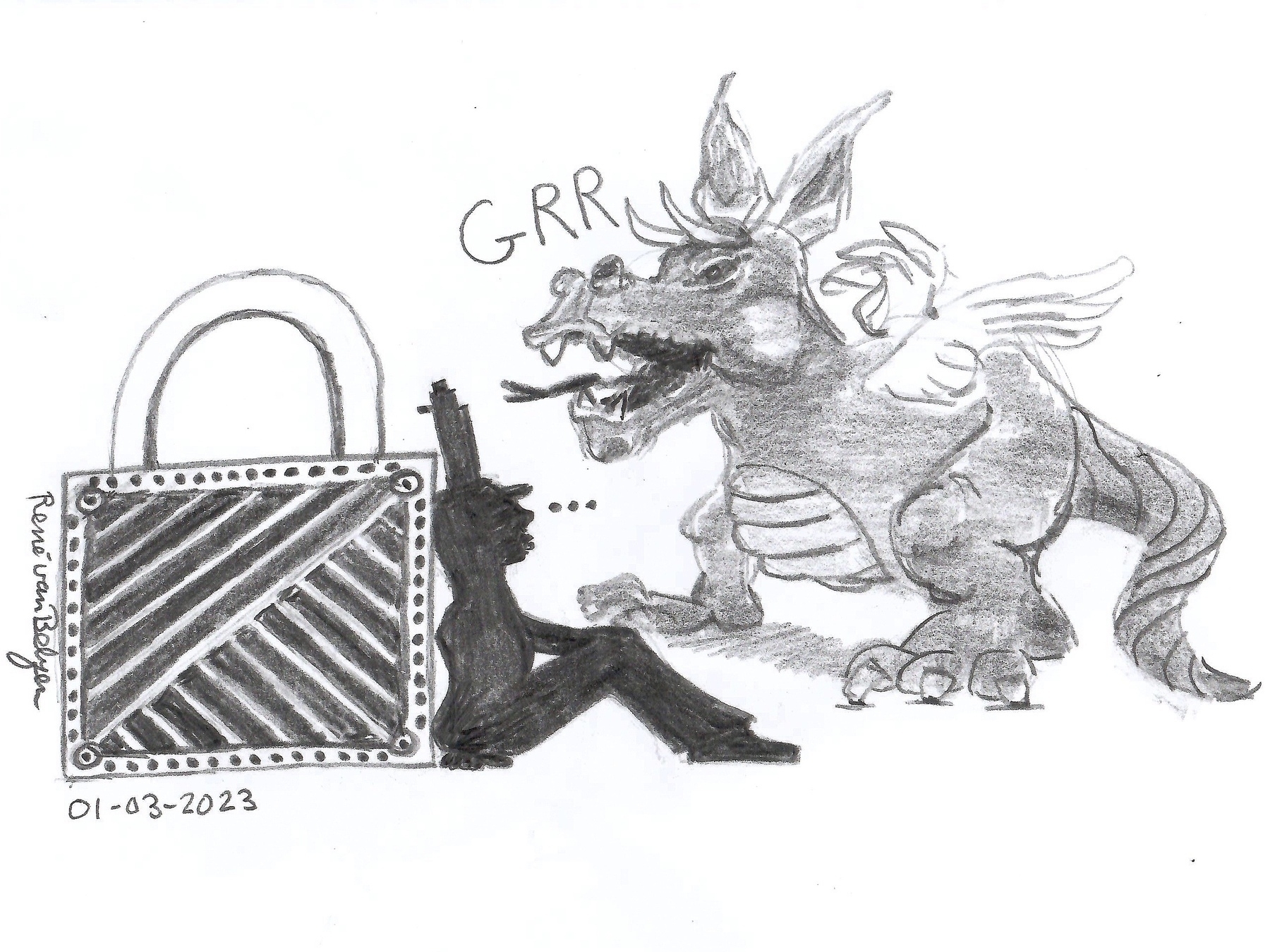 This is my contribution to the micro.blog challenge for March 1, secure. It is a photo of a pencil-on-paper drawing of a lock and a guard threatened by a dragon. #mbmar