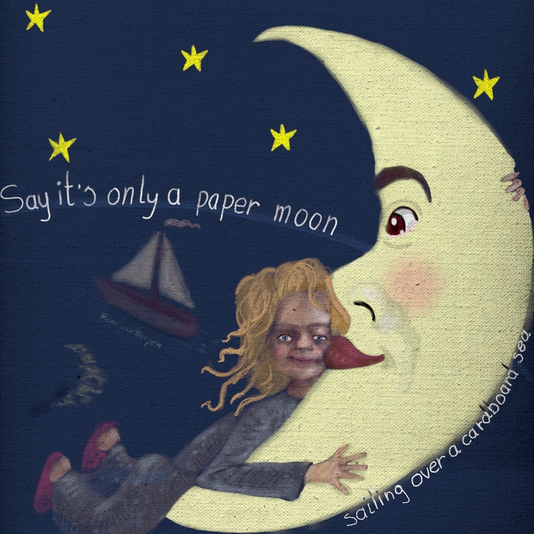 Digital painting of girl on the moon flying over the sea with sailing boat