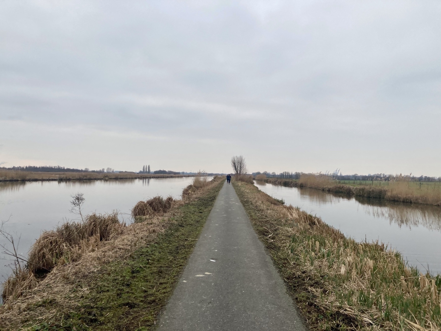 straight bike path with canals to the right and left and grassy landscape
