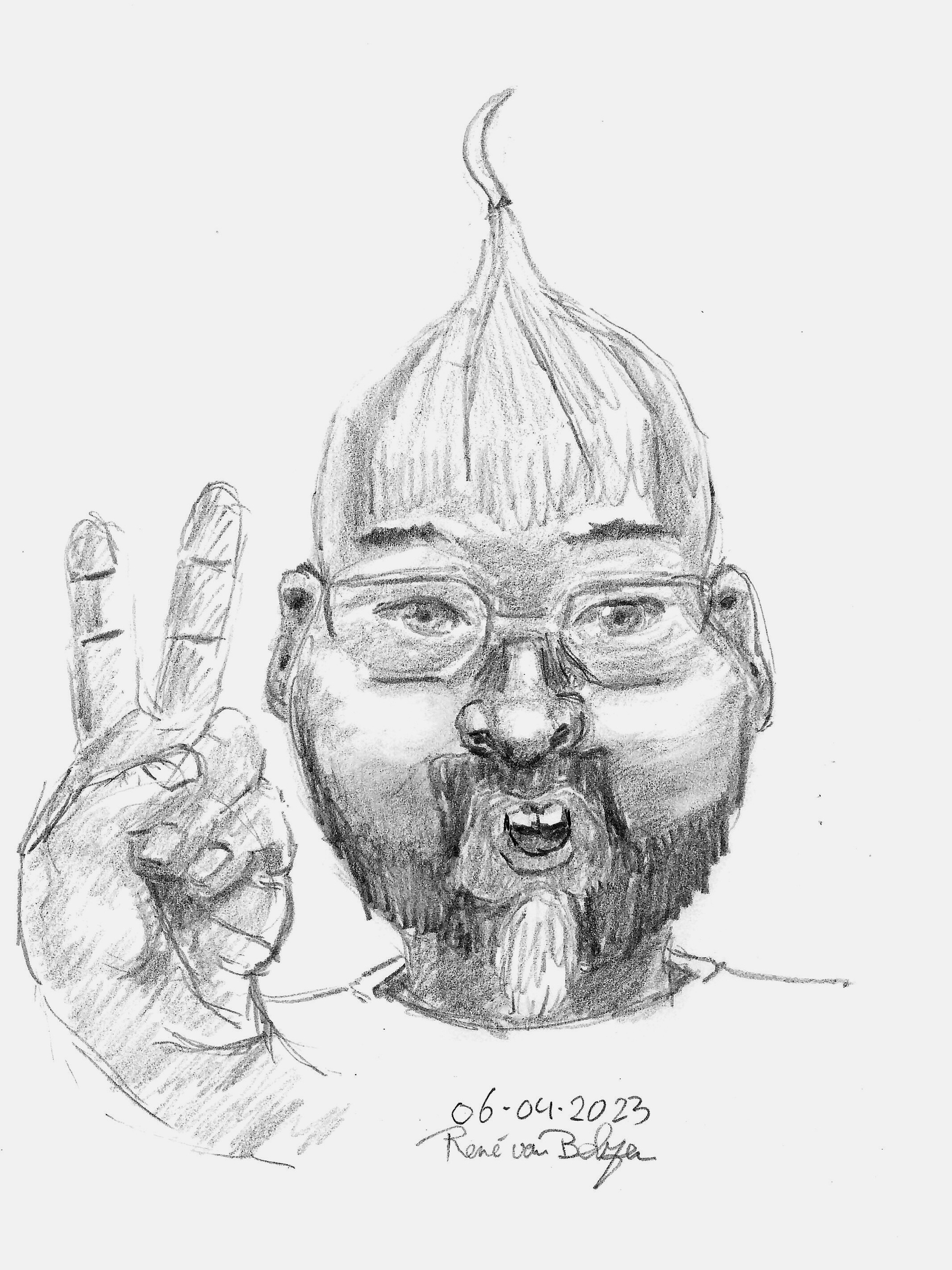 pencil sketch of a human head as an onion with a hand sticking up two fingers