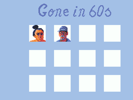160 by 144 pixel art titled Gone in 60 s, with two portraits of 32 by 32 pixels of a woman with a bun, and an old man wearing a cap