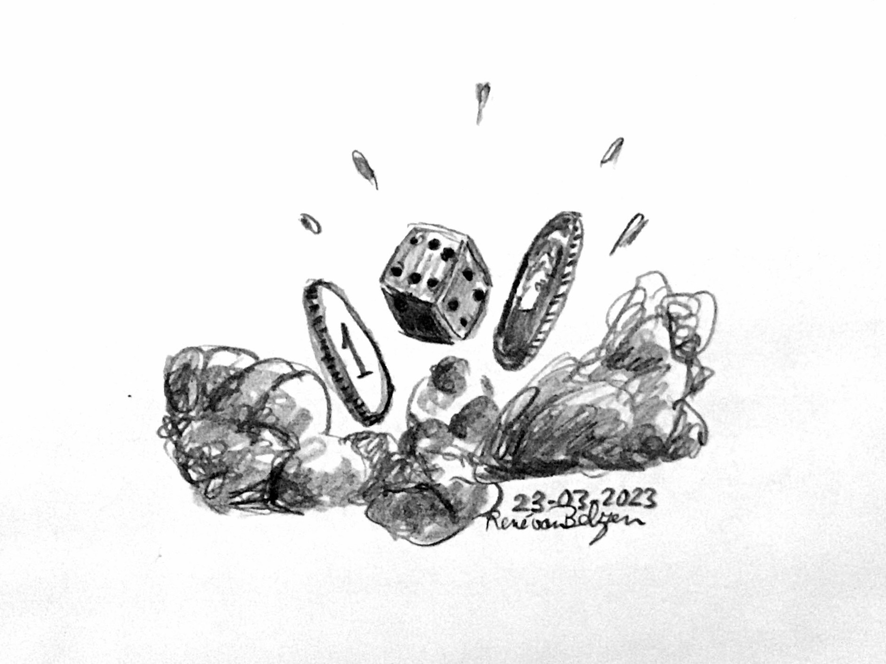 pencil sketch of a die and two coins bouncing up after being thrown