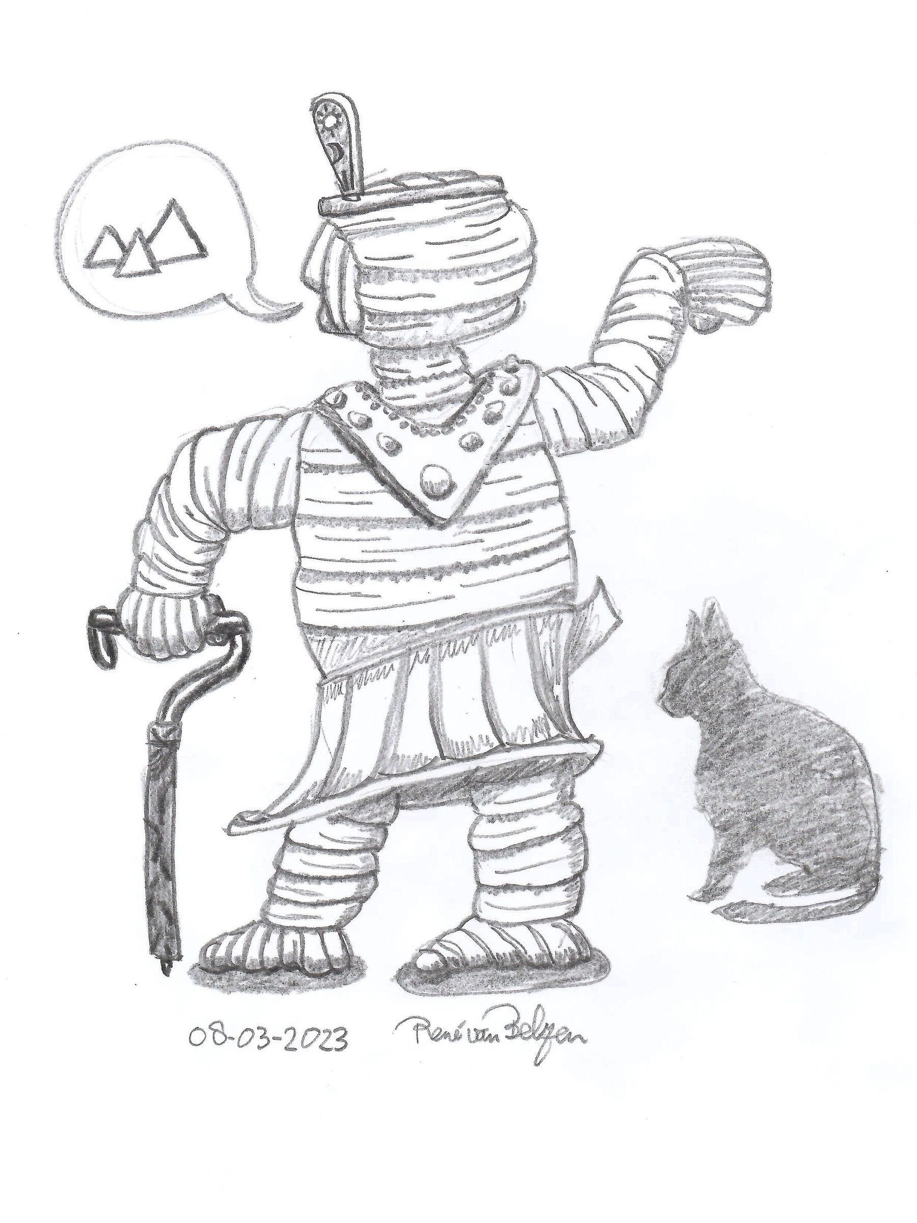 pencil sketch of an Egyptian mummy in stylized walking pose, with a cat beside it