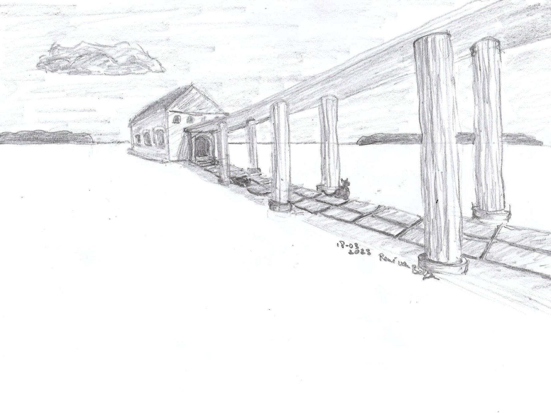 pencil sketch of portico in empty landscape