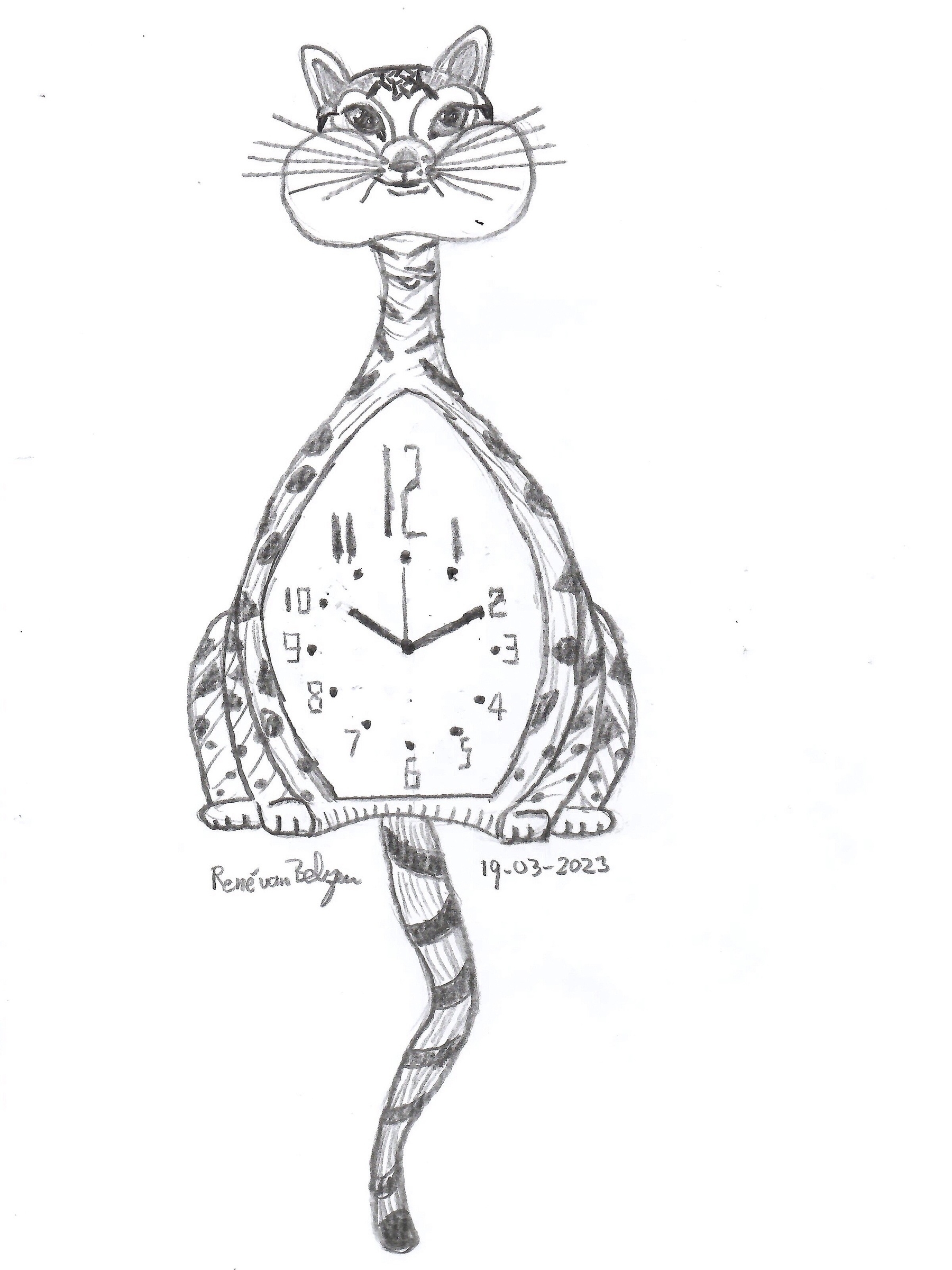 pencil sketch of a cat clock