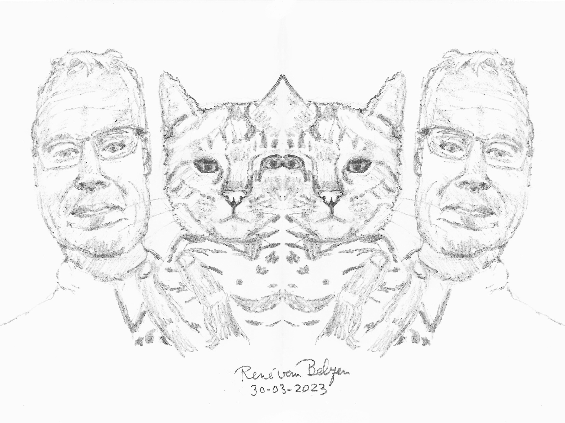 mirrorred pencil sketch of man holding cat