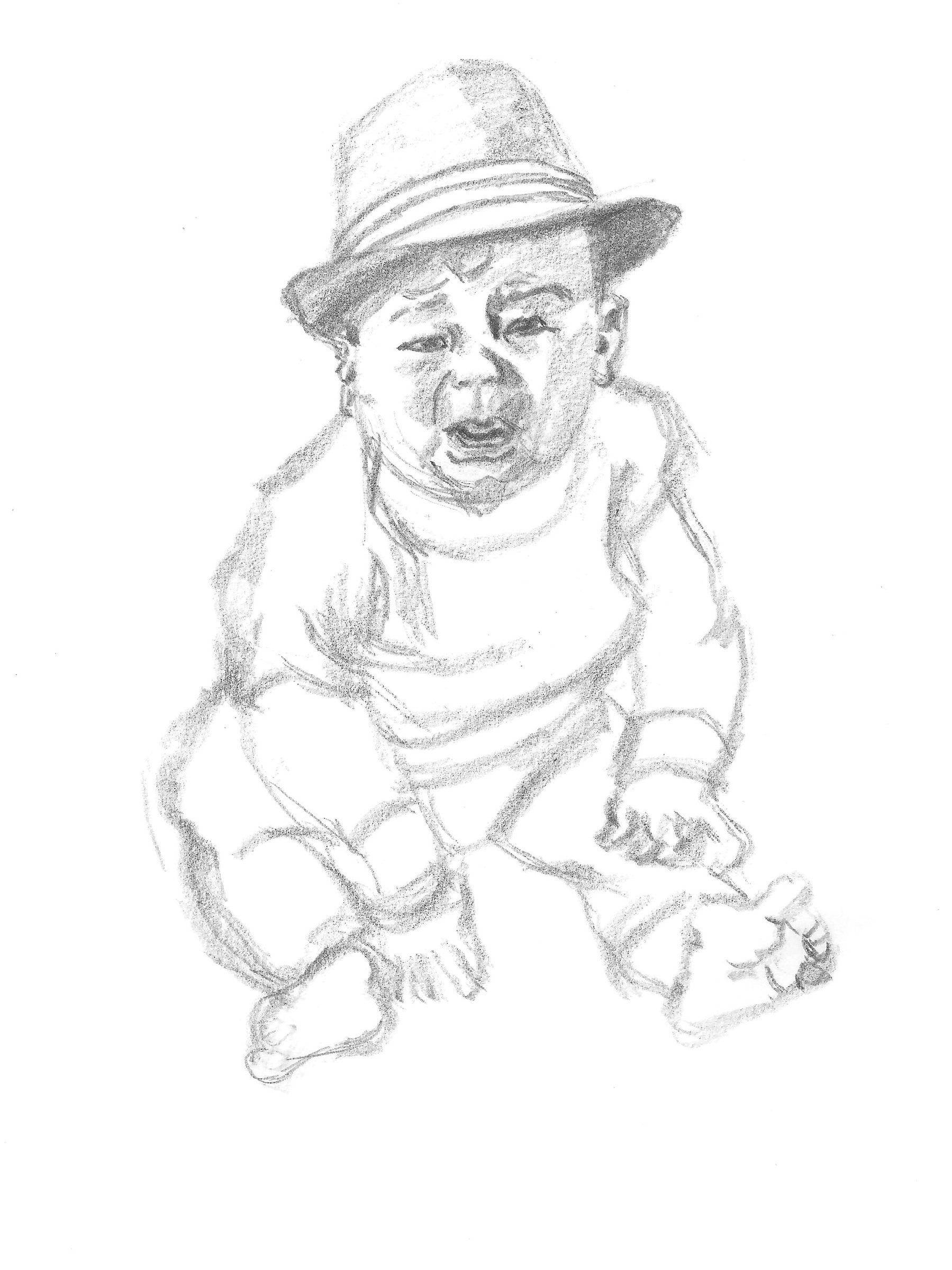 pencil sketch of a little boy with hat on, crying