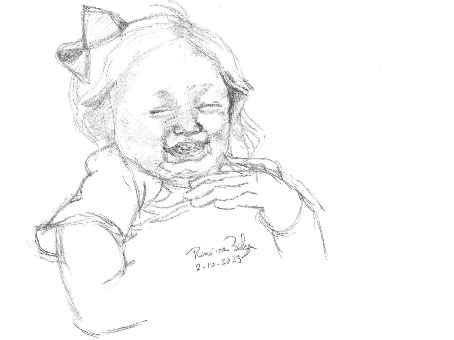 pencil portrait sketch of a toddler girl laughing