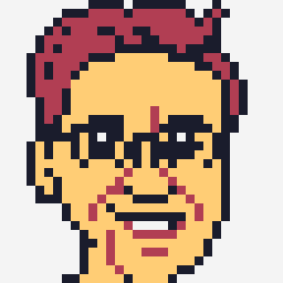 pixel art portrait of a man broadly smiling