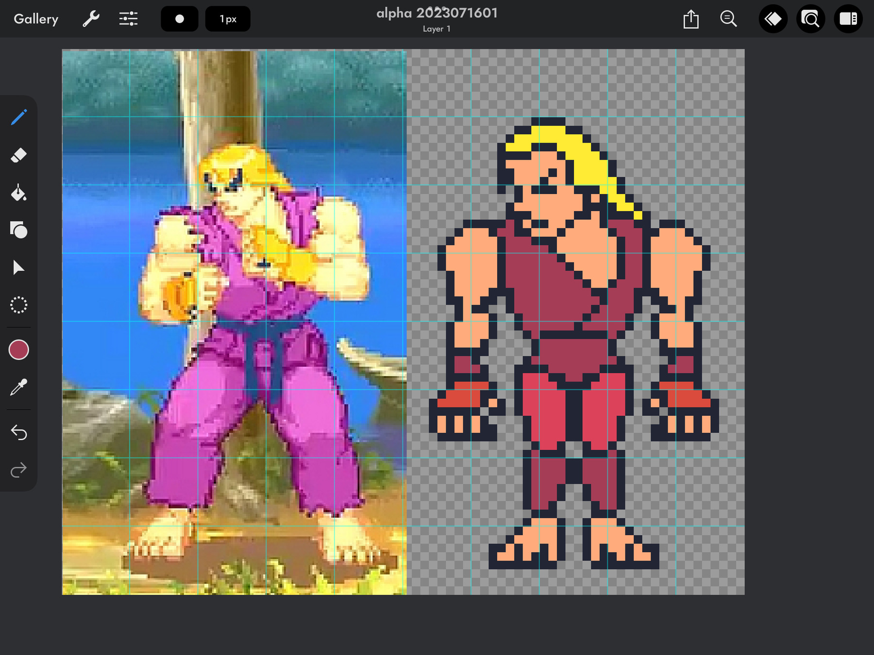 screenshot of original pixel art from street fighter alpha next to my rendition at lower resolution