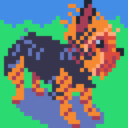 32 by 32 pixel art drawing of a Yorkshire terrier on a sunny lawn