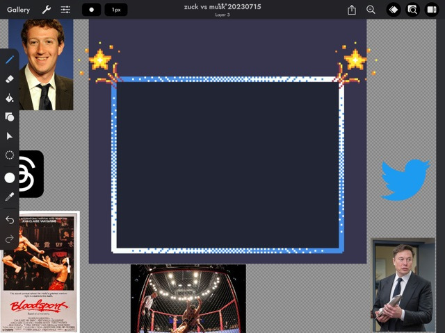 screenshot of pixel art app Pixaki with base drawing and several reference photos of Elon Musk, Mark Zuckerberg, their social networks and a cage fight