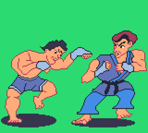 160 by 144 pixel art drawing of two fighting characters in a videogame