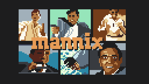128 by 72 pixel art of title screen of the tv show Mannix, showing 6 frames of the private detective in action