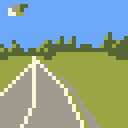 32 by 32 pixel art landscape, with road, pasture, tree line, and blue sky