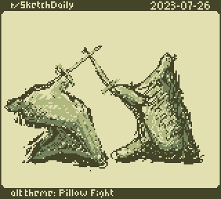 160 by 144 GameBoy pixel art for r/SketchDaily on 20230726, representing a rough sketch of that day's alt-theme, pillow fight